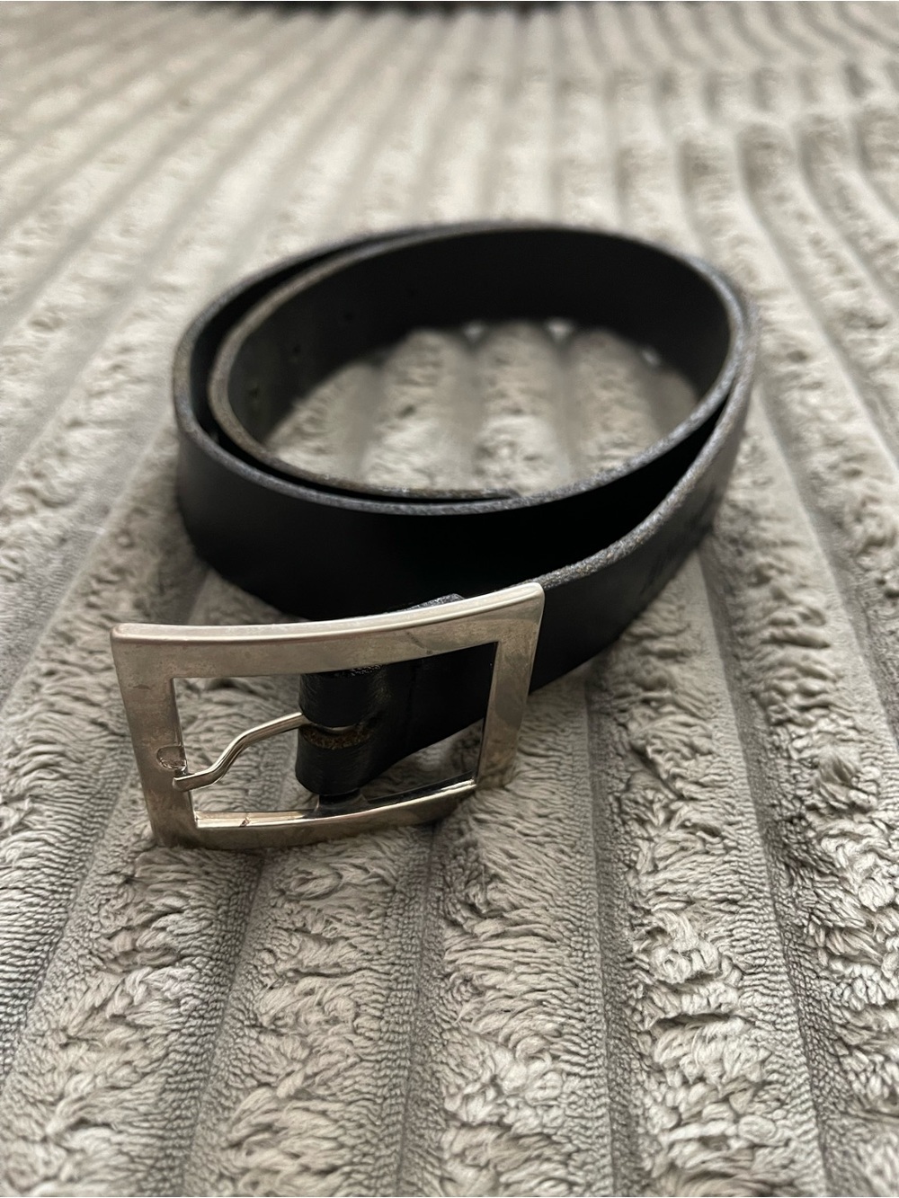 Men's Black Leather Belt with Silver Rectangular Buckle